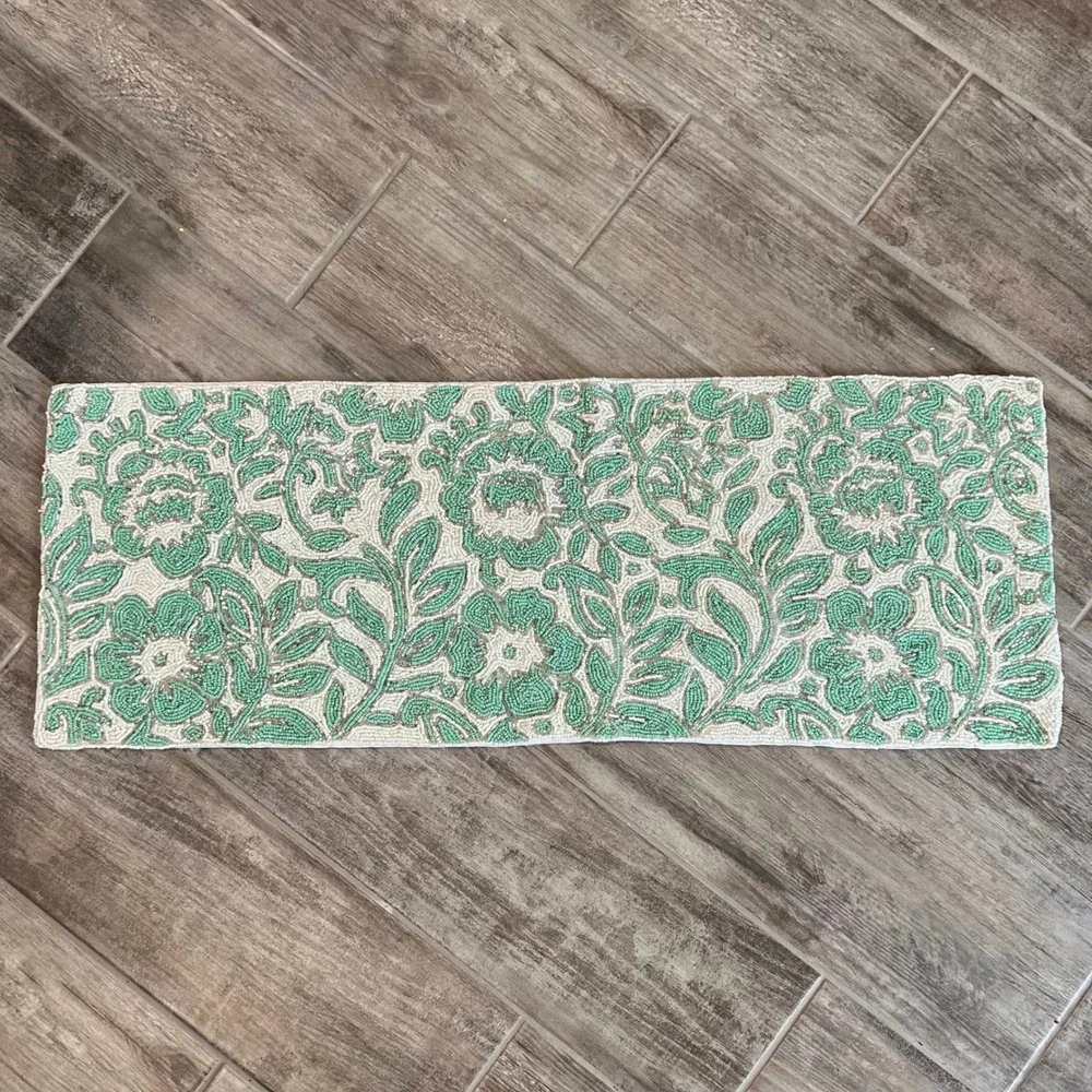 Jaipur in Bloom Beaded Table Runner Centerpiece 13 x 36 Aqua White Silver Floral